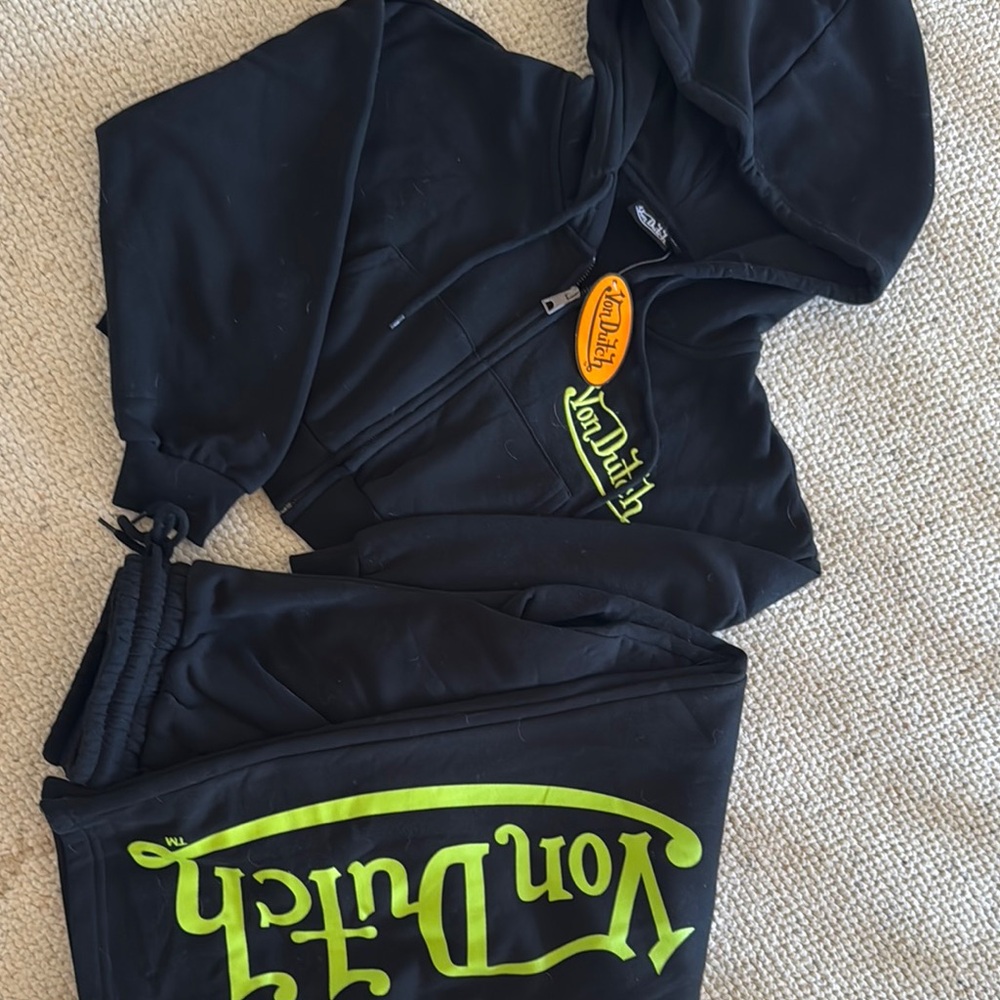 Von Dutch Black Sweatsuit with Neon Green Accents